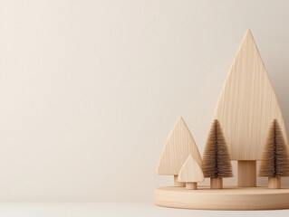 Minimalist christmas wooden tree decoration with natural wood texture and soft beige background creates calm festive atmosphere