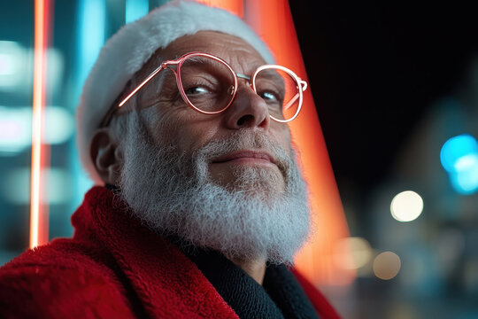 A stylish older man dressed as Santa, sporting glasses, poses confidently against a vibrant neon-lit urban backdrop, showcasing modern holiday spirit and charm.