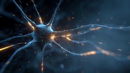 Neural network neuron firing with glowing electrical impulses in digital science visualization - Powered by Adobe