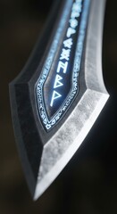 Close-up of a fantasy sword with glowing runes and intricate patterns on its blade.