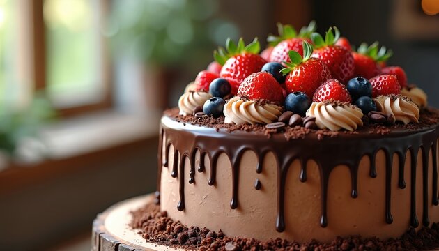 Rich chocolate cake fresh red strawberries, blue blueberries, cream swirls on top. Dark chocolate drip glaze covers cake sides. Decorated with coffee beans, chocolate crumbs, delicious sweet dessert
