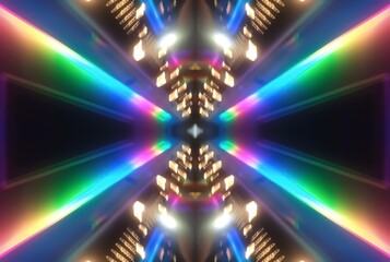 A symmetrical diamond-shaped pattern resulting from the prismatic dispersion of light. This intense rainbow spectrum creates a cosmic tunnel with a black space in the center.