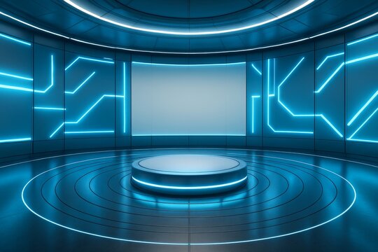 Futuristic circular stage with neon blue lights and digital wall panels in a sci-fi inspired interior design concept environment. Ai generative