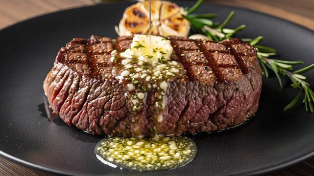 Sizzling steak perfection with butter cascading down, a culinary masterpiece for food lovers and gourmet enthusiasts, adding flavor and richness in a tantalizing dining experience