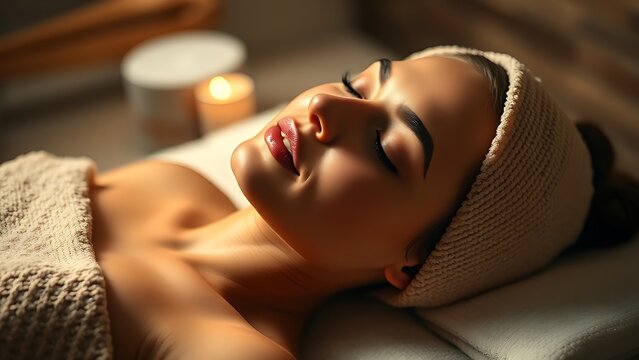 Relaxed woman in a spa with closed eyes and a soft towel wrap.