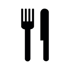 A simple black and white illustration of a fork and a knife on a white background side by side
