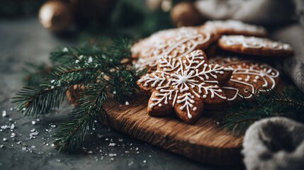 Fototapeta premium A decorative holiday cookies displayed on wooden board with pine sprigs, neutral tone styling