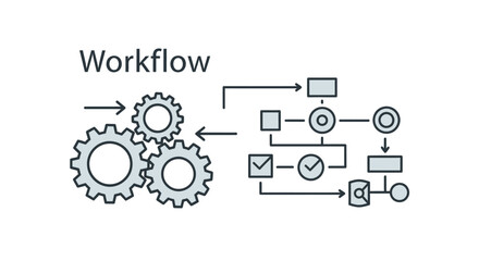 Illustration of a workflow process with gears and a flowchart representing steps and decision points.