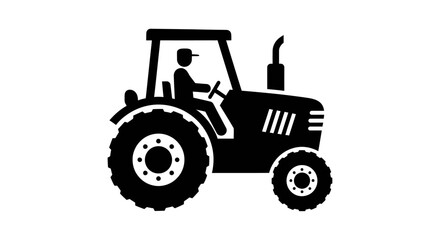 A simple black silhouette icon of a farmer driving an agricultural tractor on a white background.