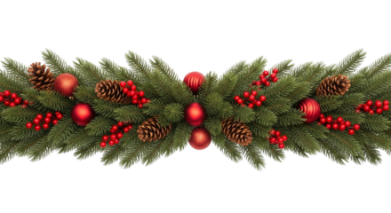 A lush green christmas garland decorated with pine cones, red berries, and shiny red ornaments, perfect for festive holiday home decor