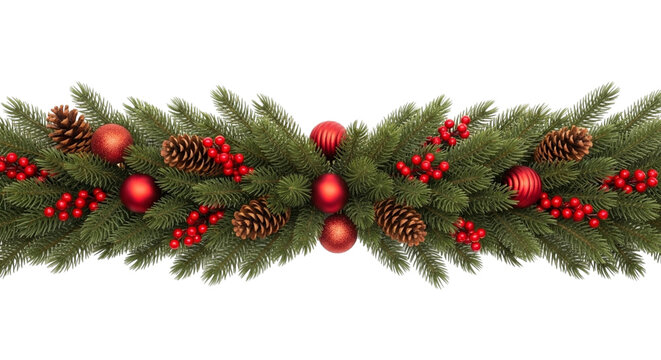 A lush green christmas garland decorated with pine cones, red berries, and shiny red ornaments, perfect for festive holiday home decor