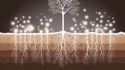 illustration of a network of root systems (representing the gut) anchored in rich, dark soil (representing good food nutrition). Tiny luminous spheres (probiotics) are shown strengthening the 