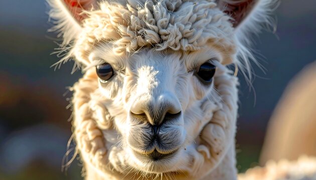 Close-up of a fluffy, light-colored llama, showcasing detailed fur texture and expressive dark eyes, with a soft background