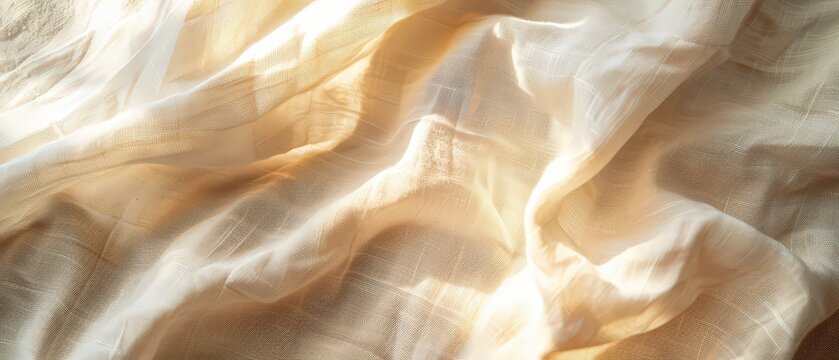 Natural beige linen fabric with soft sunlight and gentle folds. Warm organic texture background for design, lifestyle, and interior concepts.