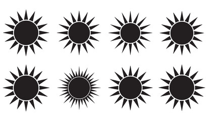  Collection of eight stylized black sun icons with jagged rays on a white background