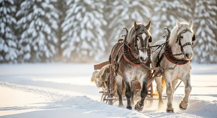 Obraz premium Two horses pulling a sleigh through snowy forest in winter 