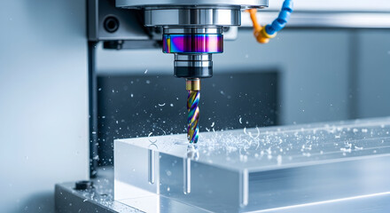 Precision machining process with a CNC milling machine, showcasing the intricate manufacturing of metal parts for industrial applications and innovation.