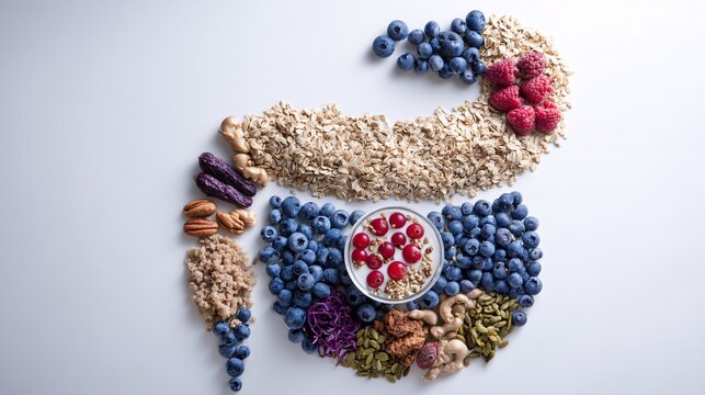 food arrangement including probiotic yogurt, berries, oats, and nuts placed beside stylized digestive system outline, emphasizing good nutrition for gut wellness, white background and ample 