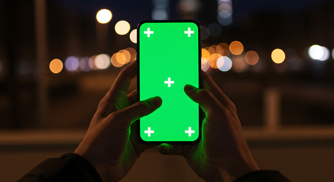 Close-up point of view shot of hands holding a smartphone with a green screen at night on a city street with bokeh lights