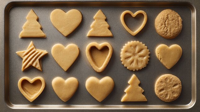 A flat lay of cookie dough shapes before baking, clean and symmetrical arrangement on tray
