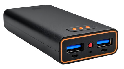 Title: Black Power Bank with Blue and Orange USB Ports and Button on White Background