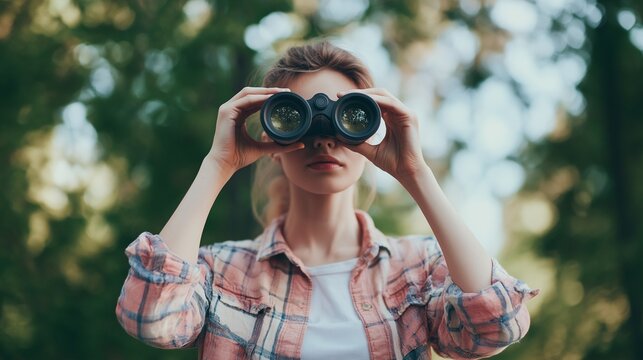 Young woman observing nature with binoculars and focused expression in outdoor setting
- Powered by Adobe