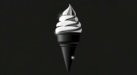 Monochrome ice cream cone on black background with sparkling highlights