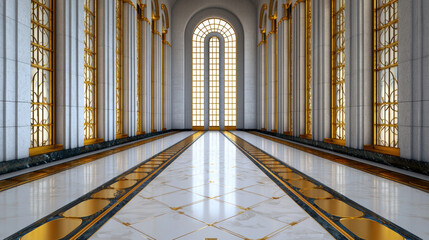 Christmas golden palace interior with marble floor and tall arched windows creates festive elegant atmosphere for holiday celebration