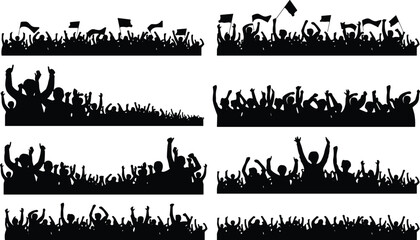 Crowd silhouettes cheering with raised hands and waving flags during celebration event, energetic audience illustration for festival, concert, rally background