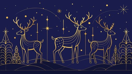 Elegant outline illustration of reindeer in a starry night forest with golden accents