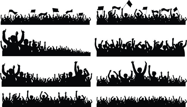 Crowd silhouettes cheering with raised hands and waving flags during celebration event, energetic audience illustration for festival, concert, rally background - Powered by Adobe