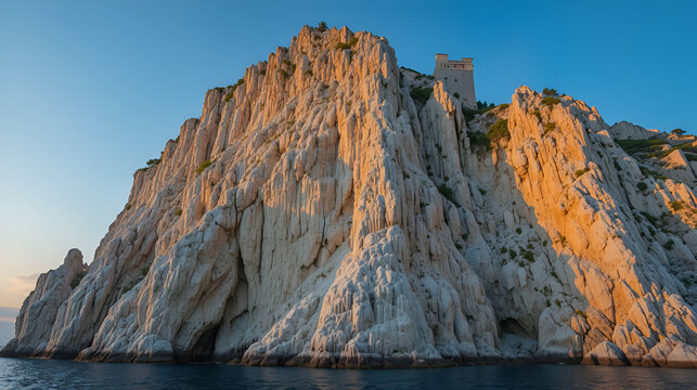 picturesque steep flaky limestone texture of rocky wall of cape Fiolent in sunset light, Crimea, Russia