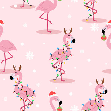 Cute Christmas flamingo seamless pattern on pink background