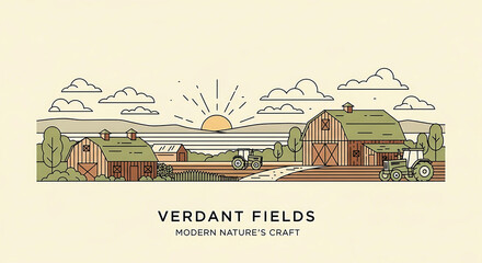 Rustic farm landscape illustration with barns and tractors at sunrise