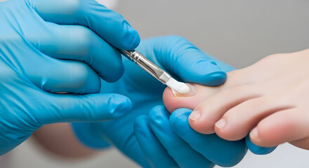 A podiatrist applies antifungal medication to a patient's toenail with a brush, promoting foot health and treatment for fungal infections for wellness.