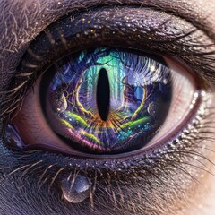 Mystical Eye Reflecting Enchanted Forest with Vibrant Colors and a Single Tear.