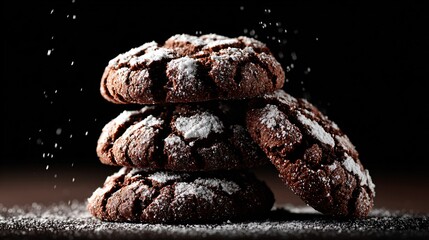 An isolated chocolate crinkle cookies on matte black background, strong contrast, moody studio lighting