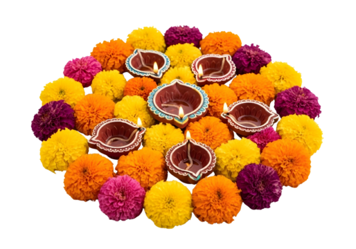 Rangoli decoration with diyas and flowers isolated on transparent background