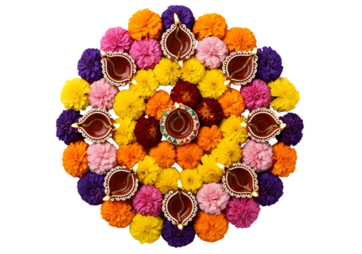 Rangoli decoration with diyas and flowers isolated on transparent background
