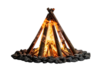 Campfire with burning logs and stones isolated on transparent background