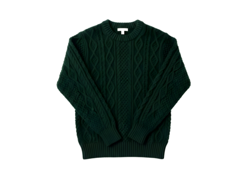 Dark green cable knit sweater isolated on transparent background
