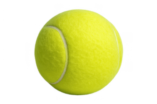 Tennis ball showing fuzzy texture and white seam, essential equipment for playing tennis, on transparent background