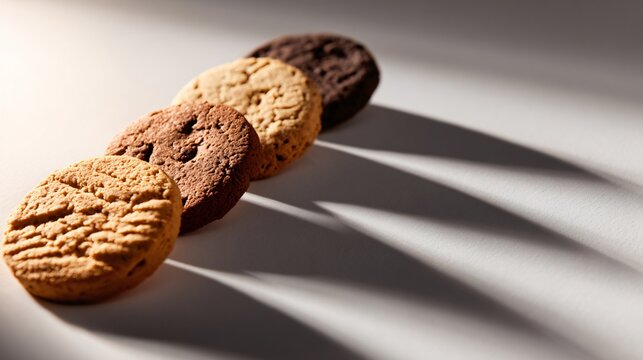 A minimal cookie arrangement with shadows cast diagonally, high-contrast studio light