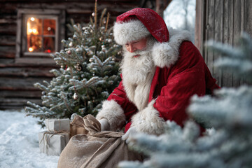 Santa Claus with gift box outdoors on the porch of a wooden house.