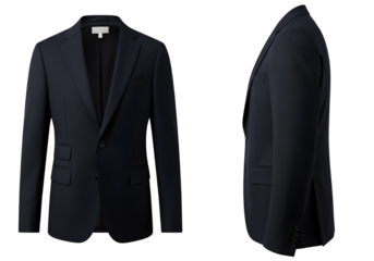 Classic black blazer jacket front and side view isolated on transparent background