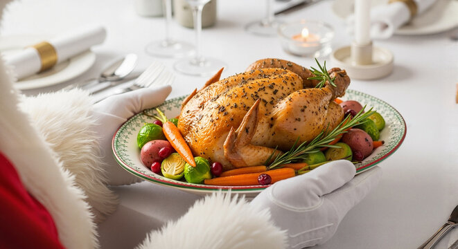 Santa holding roasted turkey with vegetables on festive table , for holiday marketing, festive dining promotions, and culinary showcases