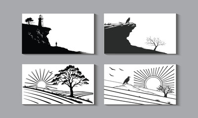 Obraz premium Split Ocean and Cliff Horizon Vector Illustration Set