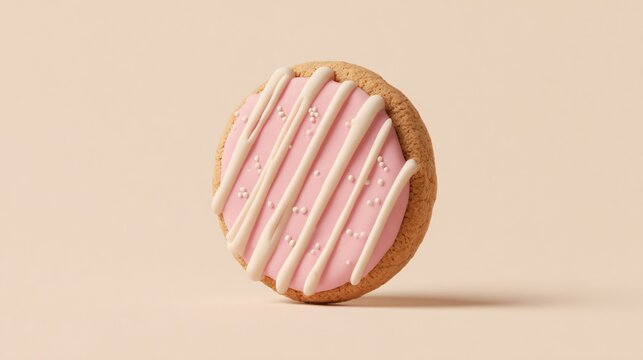 A minimalist product shot of one round cookie with icing, isolated on light beige background - Powered by Adobe
