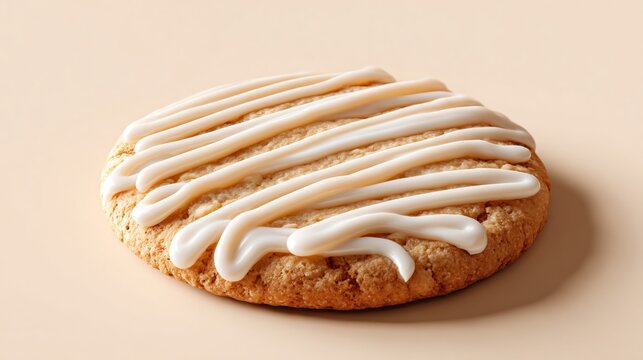 A minimalist product shot of one round cookie with icing, isolated on light beige background