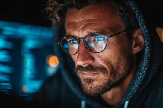 Tech sentinel at night: unwavering vigilance of global data. Daily life. Vigilant cybersecurity: a specialist's nightly data analysis. News style. Everyday life.